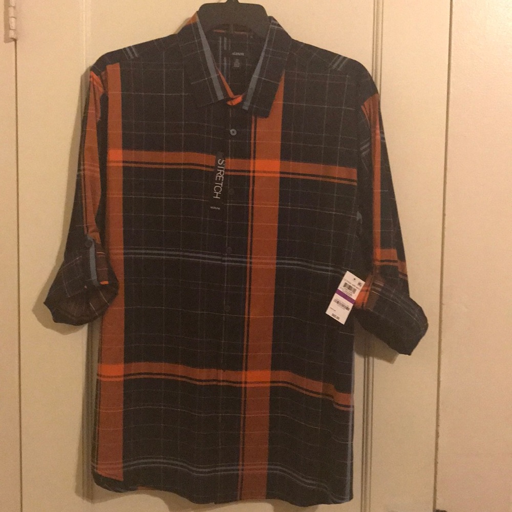 Navy blue and rust plaid casual long sleeve 2X